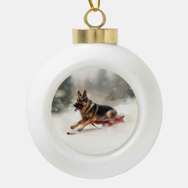 Deutscher Schäferhund Weihnachtsschnee im Winter Keramik Kugel-Ornament (Vorderseite)