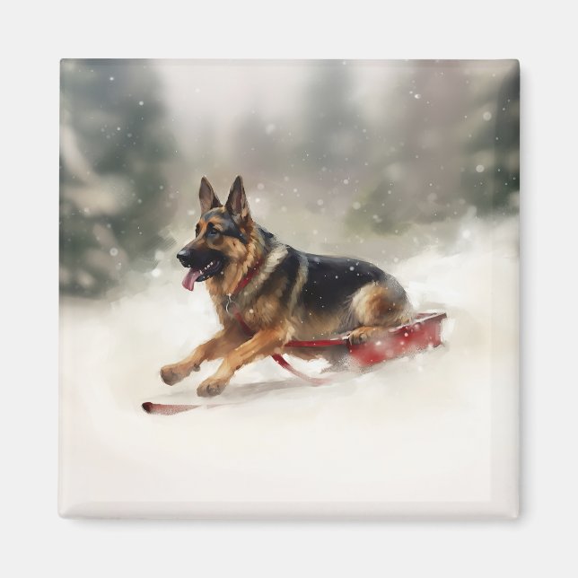 Deutscher Schäferhund Weihnachtsschnee im Winter Magnet (Vorne)