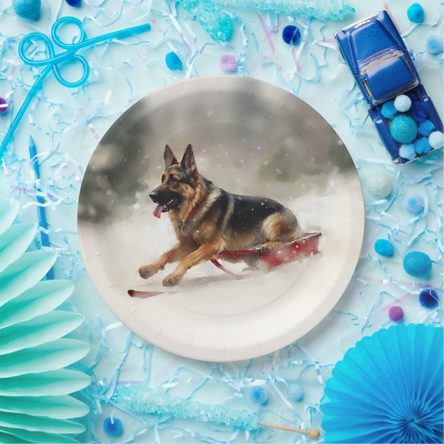 Deutscher Schäferhund Weihnachtsschnee im Winter Pappteller (Party)