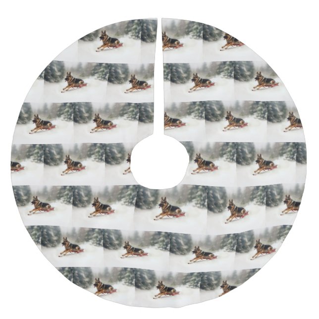 Deutscher Schäferhund Weihnachtsschnee im Winter Polyester Weihnachtsbaumdecke (Vorderseite)