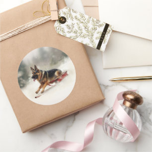 Deutscher Schäferhund Weihnachtsschnee im Winter Runder Aufkleber