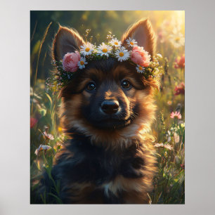 Deutscher Schäferhund-Welpe mit Blumenkrone Poster