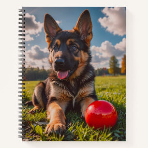 Deutscher Schäferhund-Welpe mit Spielzeug Notizbuch