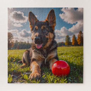 Deutscher Schäferhund-Welpe mit Spielzeug Puzzle