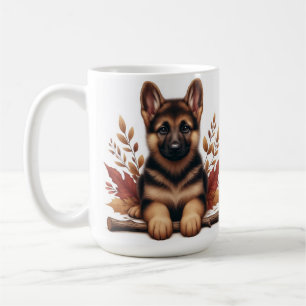 Deutscher Schäferhund-Welpe posiert mit Herbstlaub Kaffeetasse