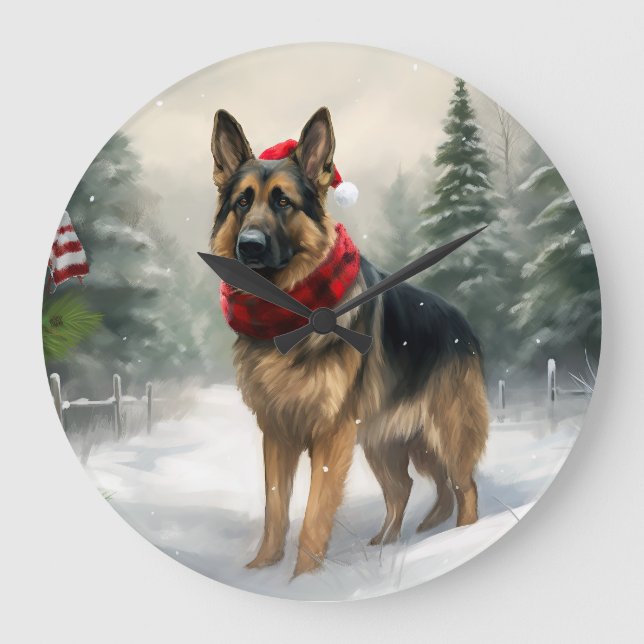 Deutscher Schäferhund zu Weihnachten im Schnee Große Wanduhr (Vorderseite)