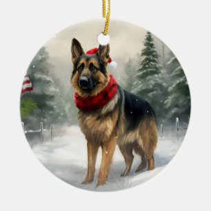 Deutscher Schäferhund zu Weihnachten im Schnee Keramik Ornament