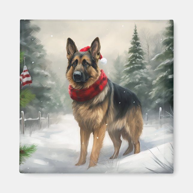 Deutscher Schäferhund zu Weihnachten im Schnee Magnet (Vorne)