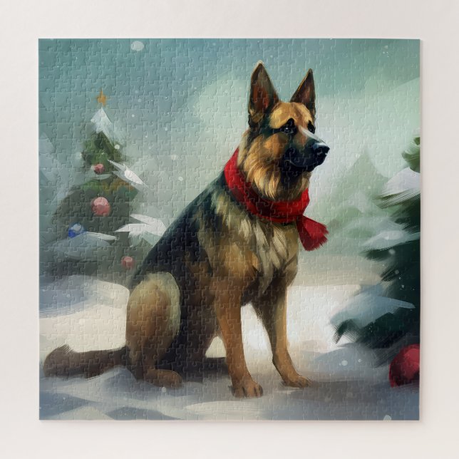 Deutscher Schäferhund zu Weihnachten im Schnee Puzzle (Vertikal)