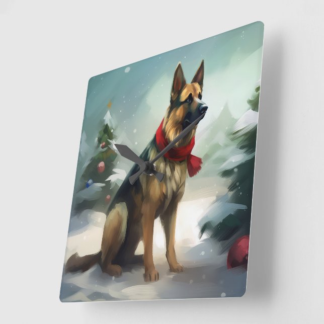 Deutscher Schäferhund zu Weihnachten im Schnee Quadratische Wanduhr (Winkel)