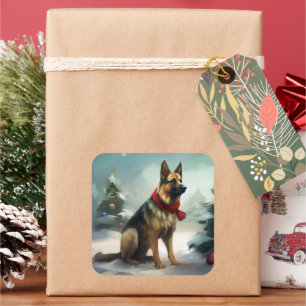Deutscher Schäferhund zu Weihnachten im Schnee Quadratischer Aufkleber