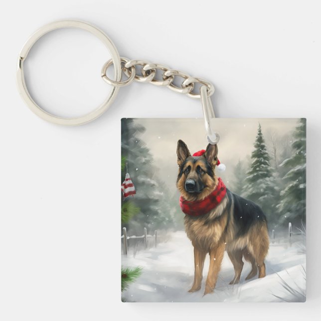Deutscher Schäferhund zu Weihnachten im Schnee Schlüsselanhänger (Vorderseite)