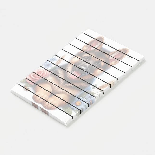 Deutscher Schäferpuppy mit Blume Post-it Klebezettel (angewinkelt)