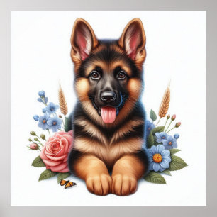 Deutscher Schäferpuppy mit Blume Poster