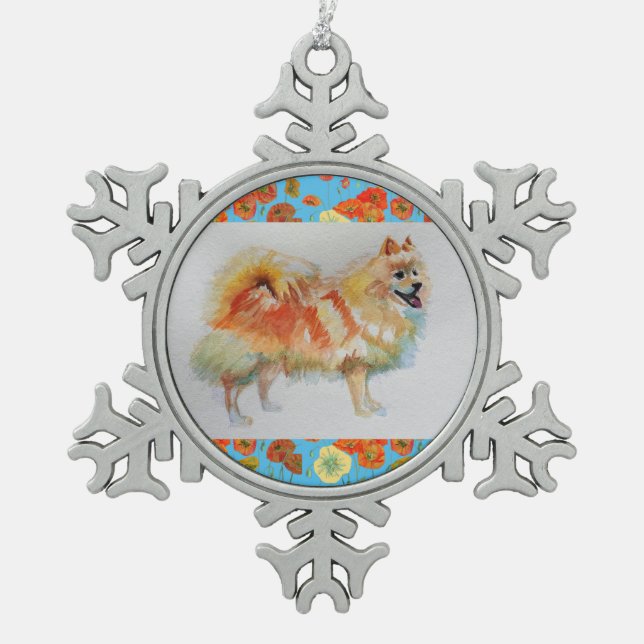 Deutscher Spitz Spitz Hund Weihnachtsschmuck Schneeflocken Zinn-Ornament (Vorderseite)
