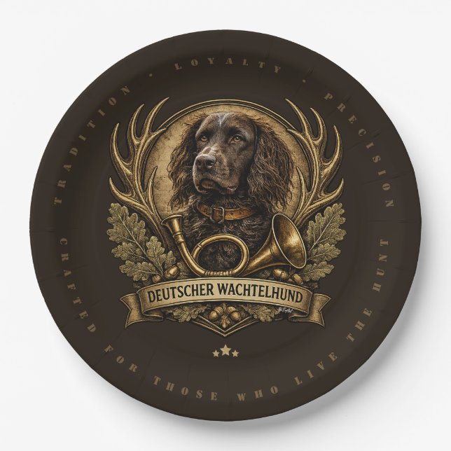 Deutscher Wachtelhund  , Jagdlogo Pappteller (Vorderseite)