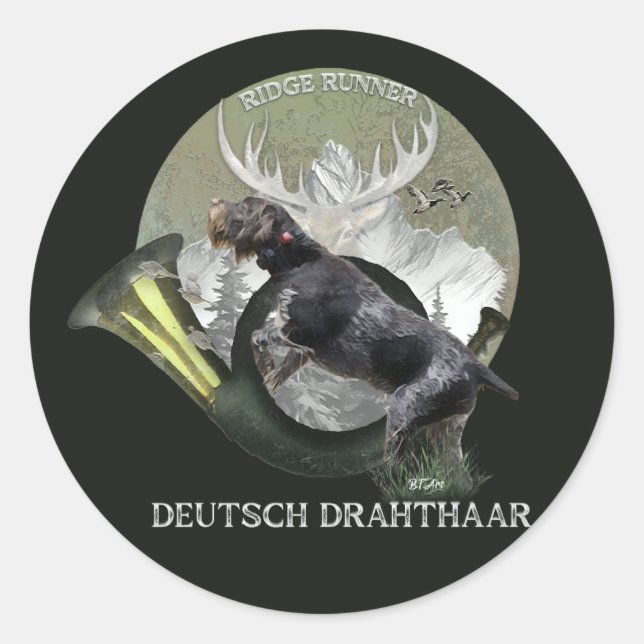 Deutsches Drahthaar Pointer, Jagdlogo Runder Aufkleber (Vorderseite)