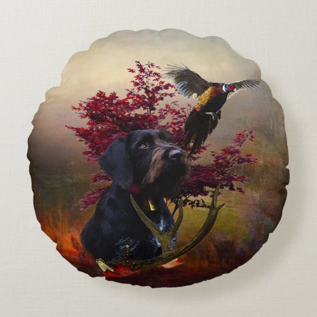 Deutsches Drahthaar Pointer Rundes Kissen (Vorderseite)