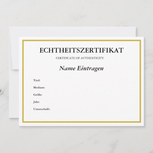 Deutsches ECHTHEITSZERTIFIKAT-ZertifikatEchtheit Feiertagskarte (Vorderseite)