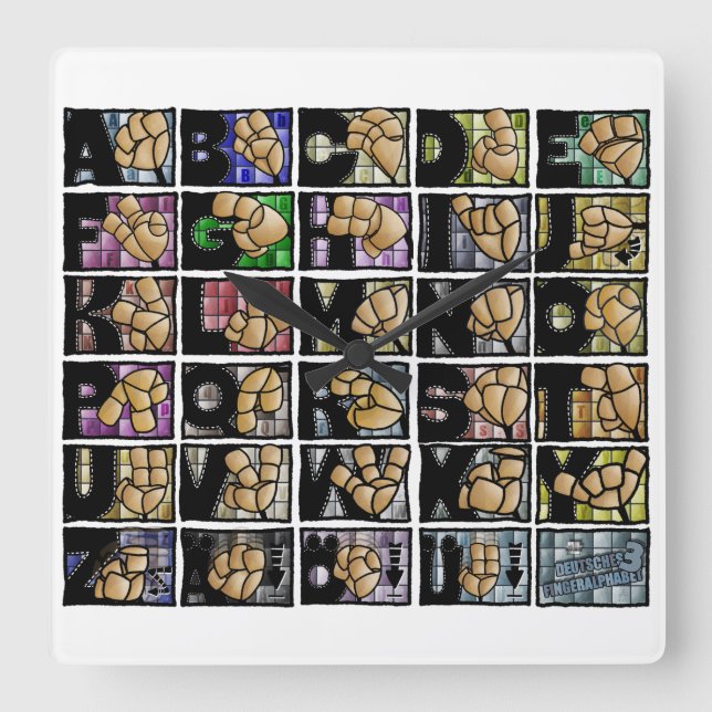 Deutsches Fingeralphabet 3 (2025) Quadratische Wanduhr (Vorderseite)