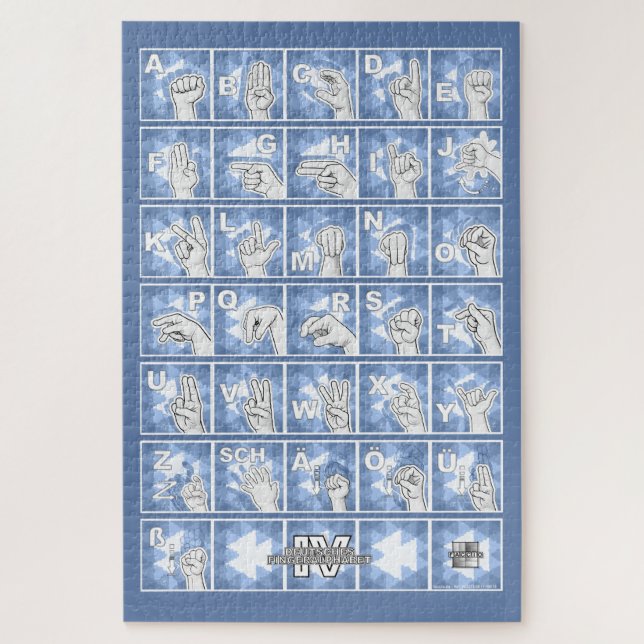 Deutsches Fingeralphabet 4 - blau / Puzzle (Vertikal)