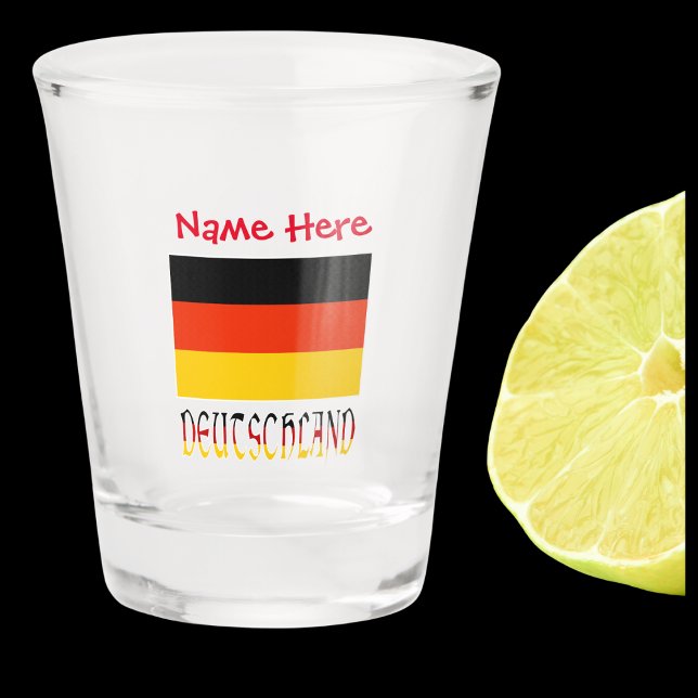 Deutschland German Flag Red Personalization Schnapsglas (German Flag on shot glass with the word DEUTSCHLAND below in colors of flag. Name in red above.)