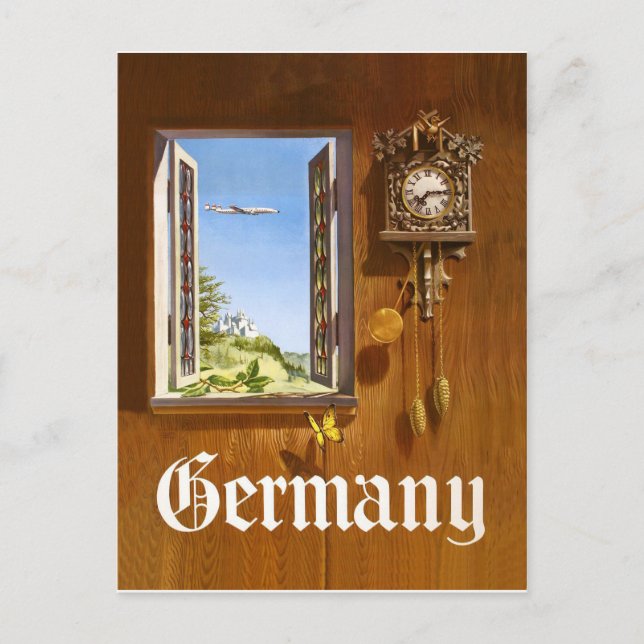 Deutschland, Holzuhr und Aussicht vom Fenster aus Postkarte (Vorderseite)