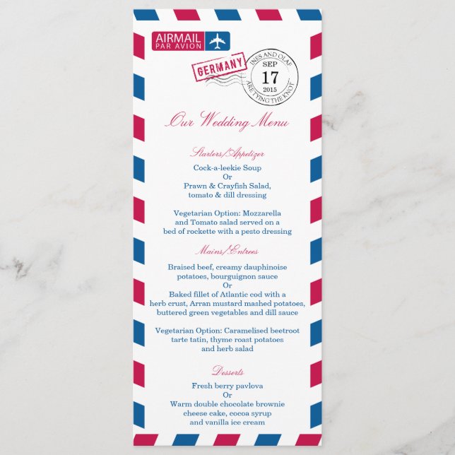 Deutschland-Luftpost-Hochzeits-Empfangs-Menü Menükarte (Vorderseite)