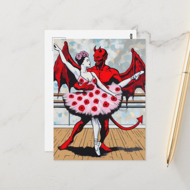 Devil Dances Mit Ballerina in einem Mohnkleid Postkarte (Vorderseite/Rückseite Beispiel)