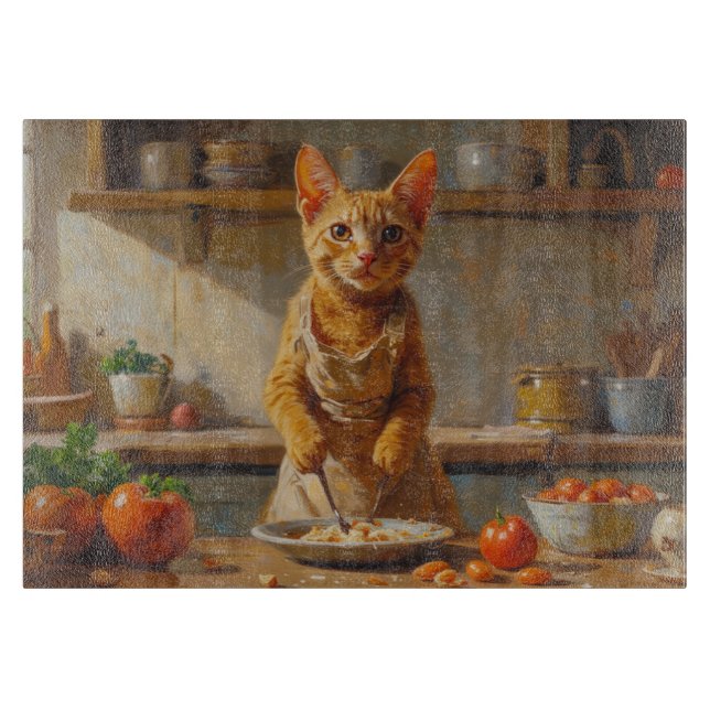 Devon Rex Katze kocht in der Küche Schneidebrett (Vorderseite)