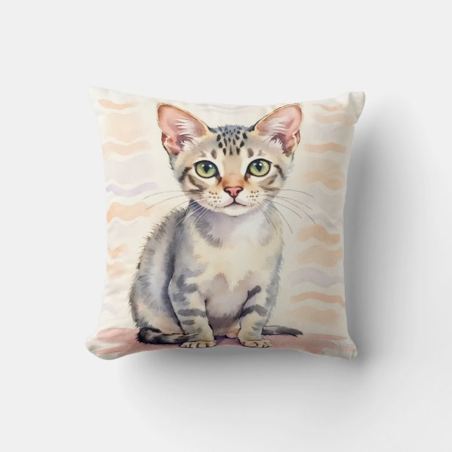 Devon Rex Katzen-Wasserfarben-Wellentinienkunst Kissen (Vorderseite)