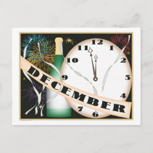 Dezember Art Deco Champagner und Feuerwerk Postkarte