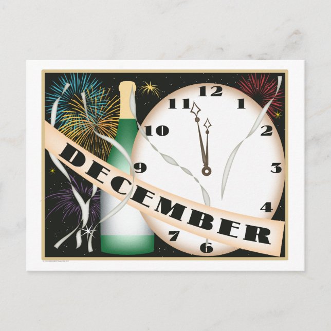 Dezember Art Deco Champagner und Feuerwerk Postkarte (Vorderseite)