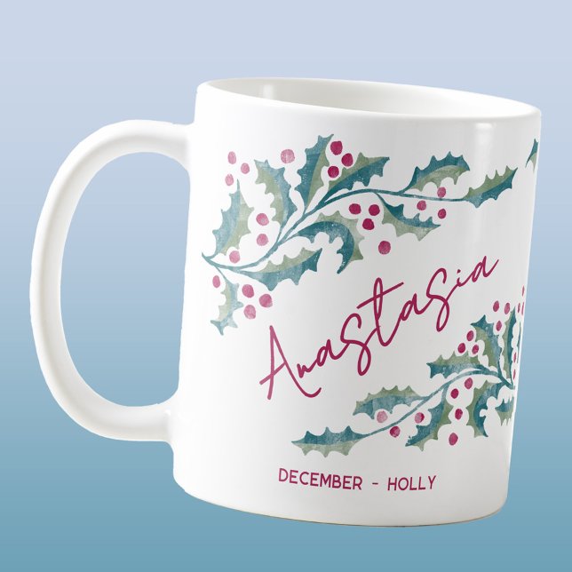 Dezember-Geburtsblume Individueller Name Stechpalm Kaffeetasse (December birth month flower holly personalized custom script name coffee mug gift)