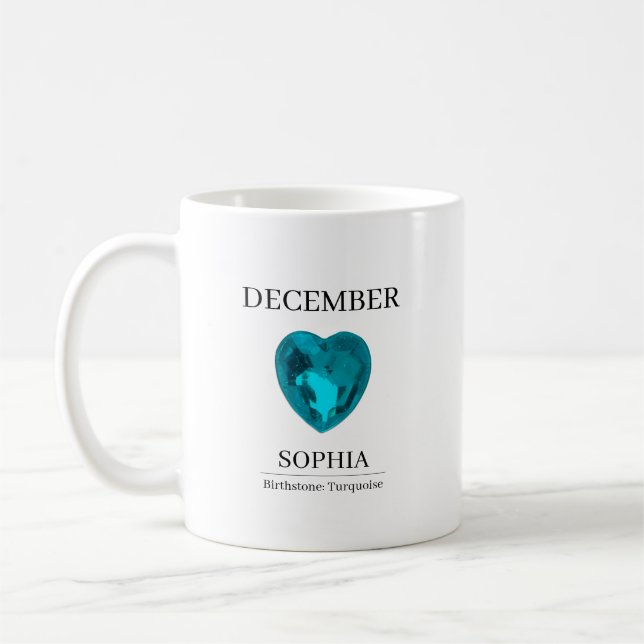Dezember-Geburtsstein-Geburtstagsname Türkis Kaffeetasse (Links)