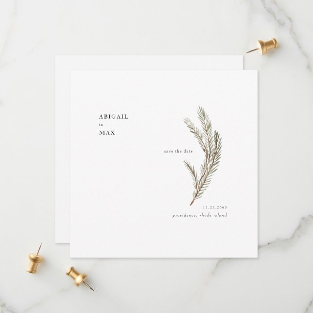 Dezember Pine Foliage Square Wedding Save the Date (Vorderseite/Rückseite Beispiel)