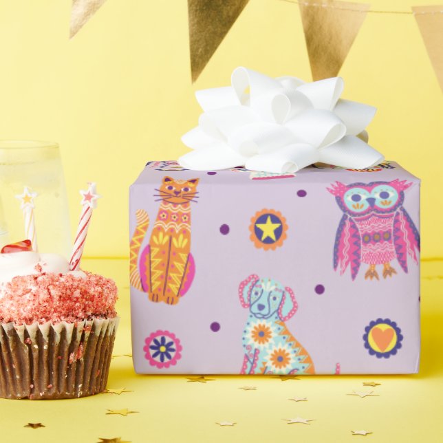 Dia de los Muertos Animals Lila Wrapping Paper Geschenkpapier (Geburtstagsparty)