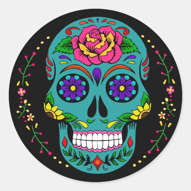 Día de los Muertos Aquamarin Sugar Skull Halloween Runder Aufkleber (Vorderseite)