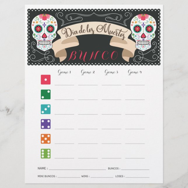 Dia De Los Muertos Bunco Game Score Card (Vorderseite)