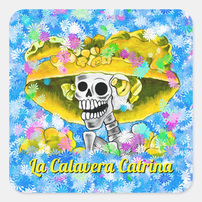 Dia De Los Muertos Calavera in Yellow Bonnet Quadratischer Aufkleber (Vorderseite)
