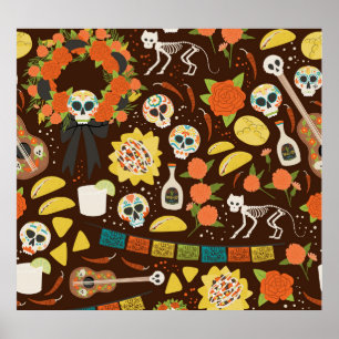 Dia De Los Muertos, Cartoon-Muster. Poster