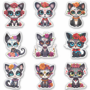 Dia de Los Muertos Cat Stickers - Set von 9 Aufkleber