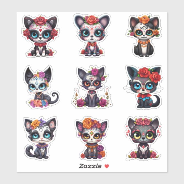 Dia de Los Muertos Cat Stickers - Set von 9 Aufkleber (Blatt)