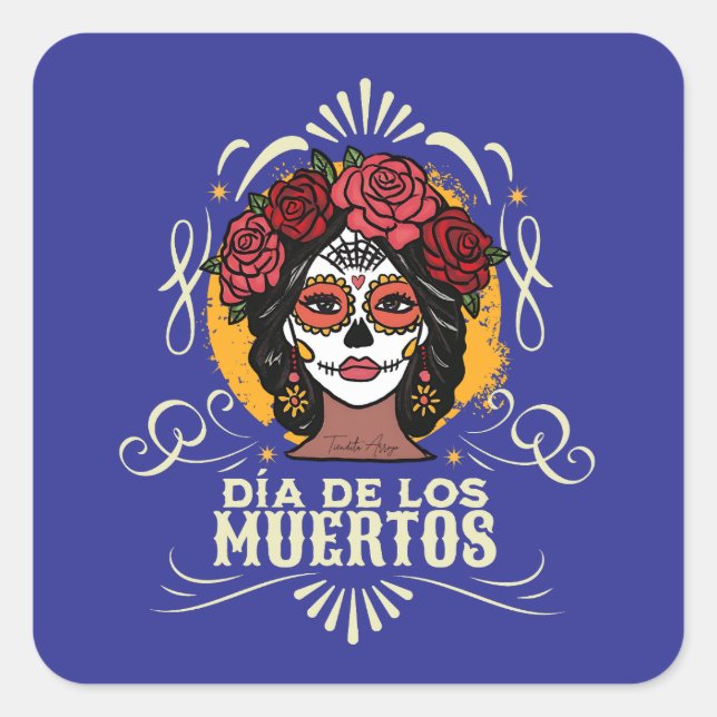 Día de los Muertos Catrina con Rosas Quadratischer Aufkleber (Vorderseite)