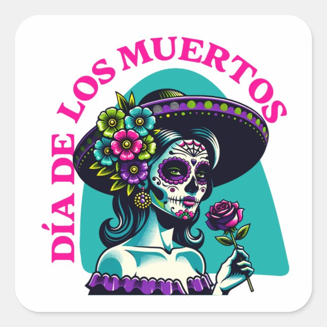 Día de los Muertos Catrina Rose Pop Art Quadratischer Aufkleber (Vorderseite)