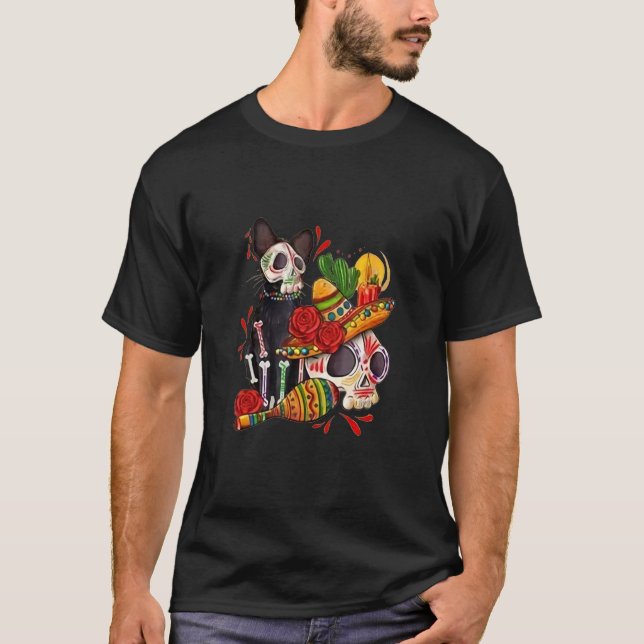 Dia De los Muertos Day of The Dead Skull Black Cat T-Shirt (Vorderseite)