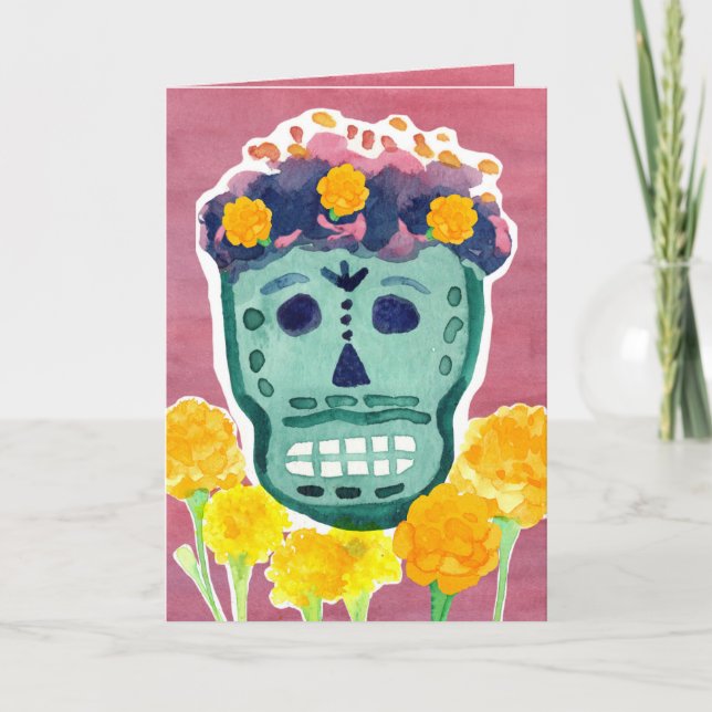 Dia de los Muertos Day of the Dead Skull Marigolds Karte (Vorderseite)