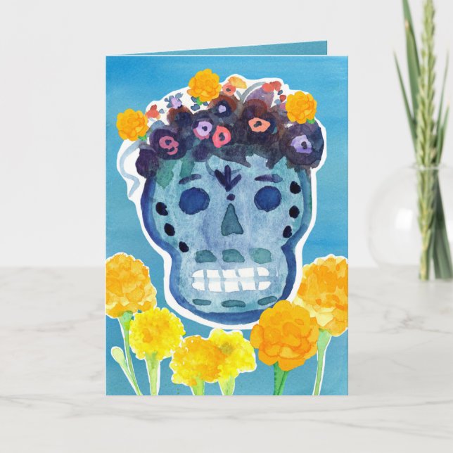 Dia de los Muertos Day of the Dead Skull Marigolds Karte (Vorderseite)