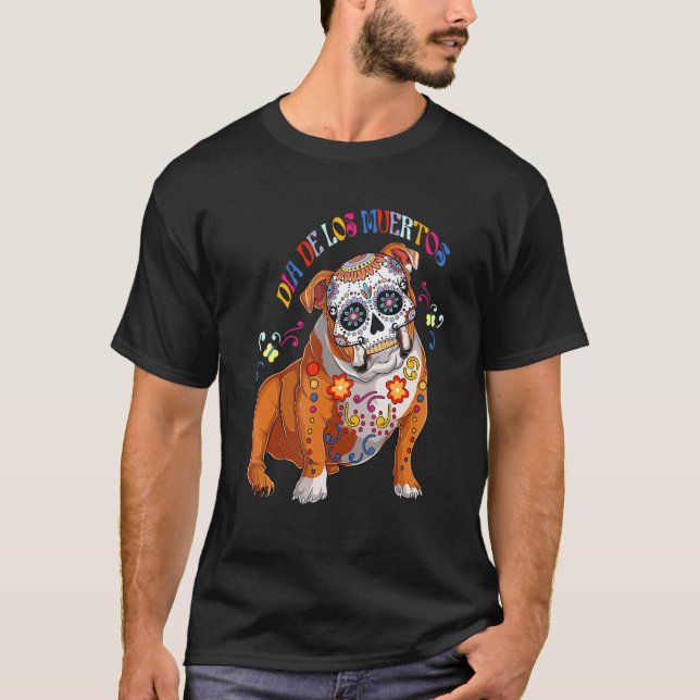 Dia De Los Muertos English Bulldog Floral Skull Fa T-Shirt (Vorderseite)