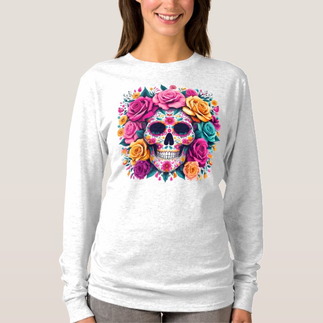 Día de los Muertos Floral Sugar Skull Art T-Shirt (Vorderseite)